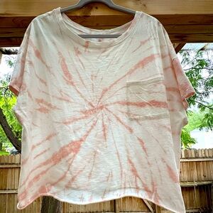Pink White Tie Dye Cropped Short Sleeve Oversized Flowy  Pocket T Shirt Medium